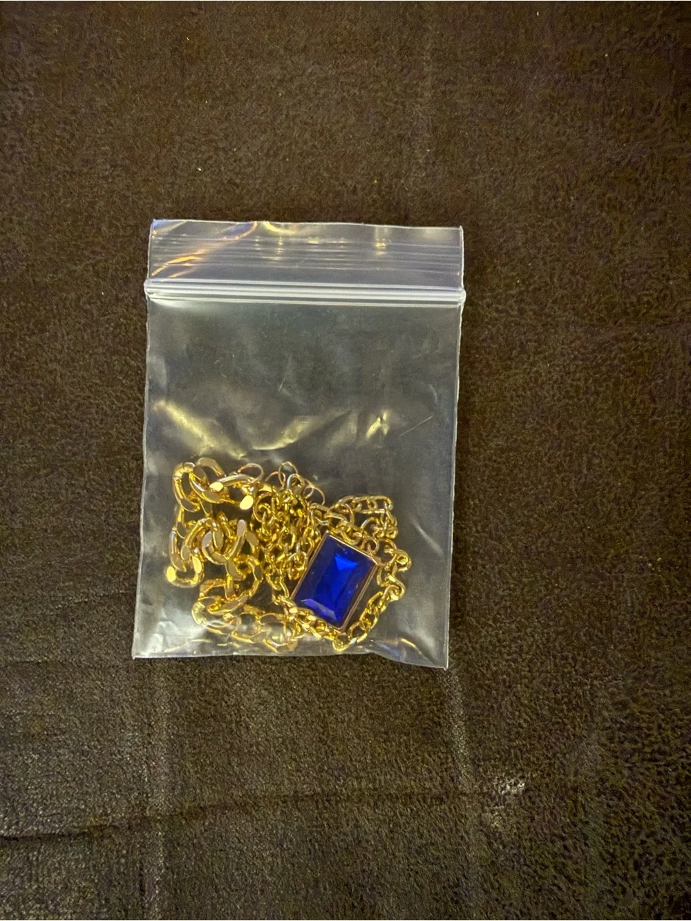 Gold Chain Necklace with Blue Gem Pendant